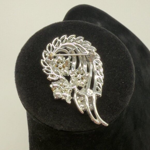 Vintage Silver-Tone Rhinestone Brooch Floral Leaf Swirl Design - Picture 5 of 7